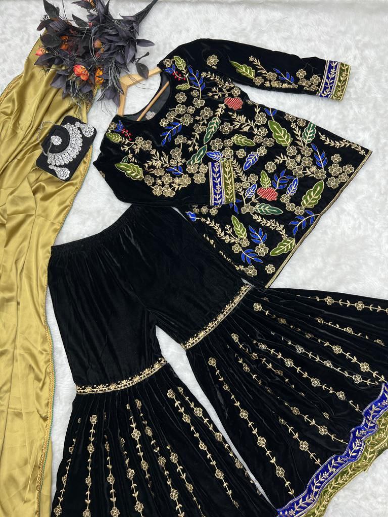 Black Sharara Sets in Velvet with Embroidery Sequence Work ClothsVilla
