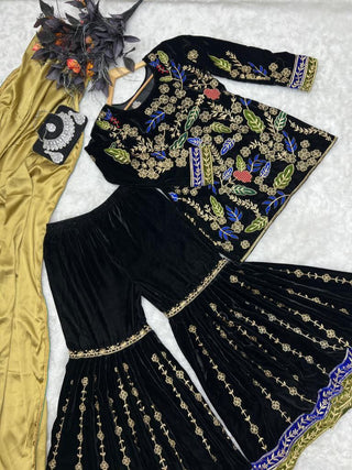 Black Sharara Sets in Velvet with Embroidery Sequence Work ClothsVilla