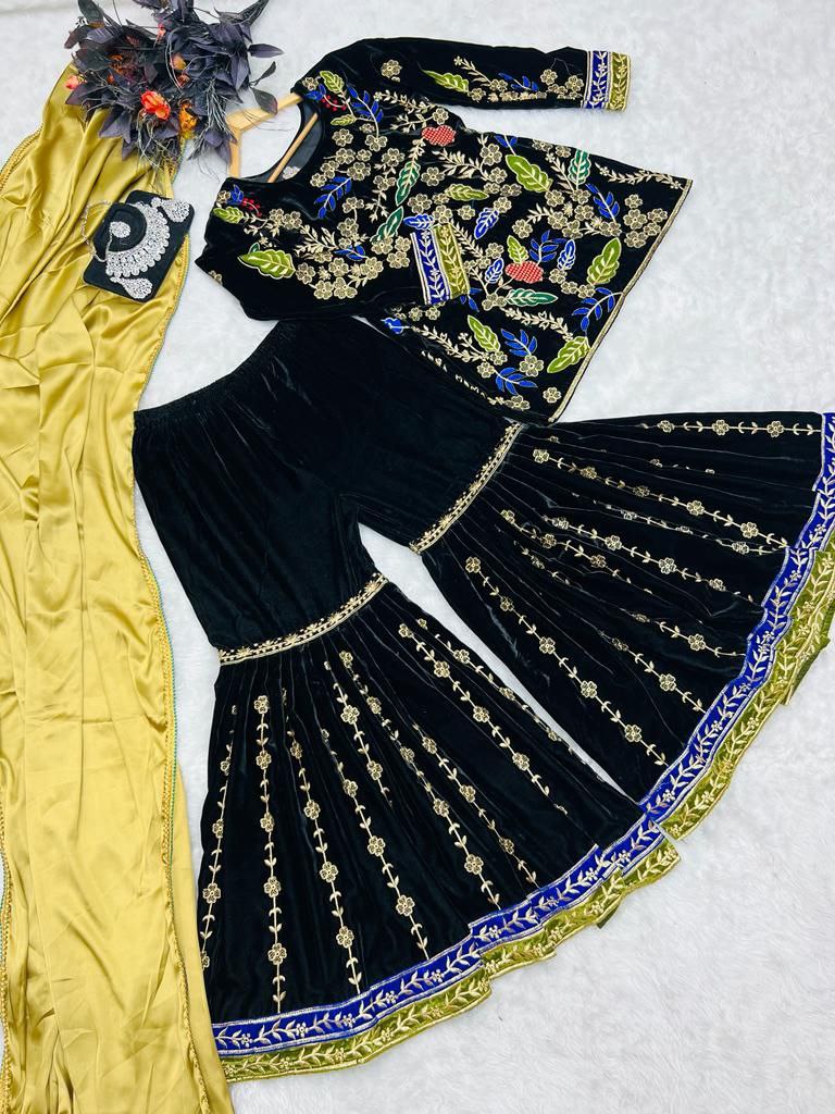 Black Sharara Sets in Velvet with Embroidery Sequence Work ClothsVilla