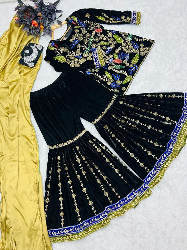 Black Sharara Sets in Velvet with Embroidery Sequence Work ClothsVilla