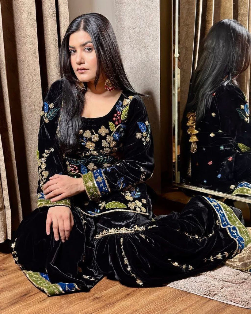 Black Sharara Sets in Velvet with Embroidery Sequence Work ClothsVilla