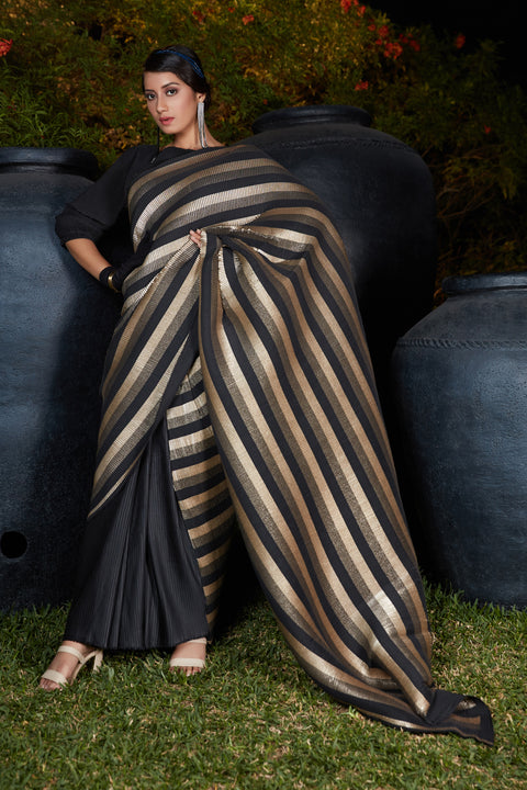 Black Silk Foil Print With Plitting Work Traditional Saree ClothsVilla Main image