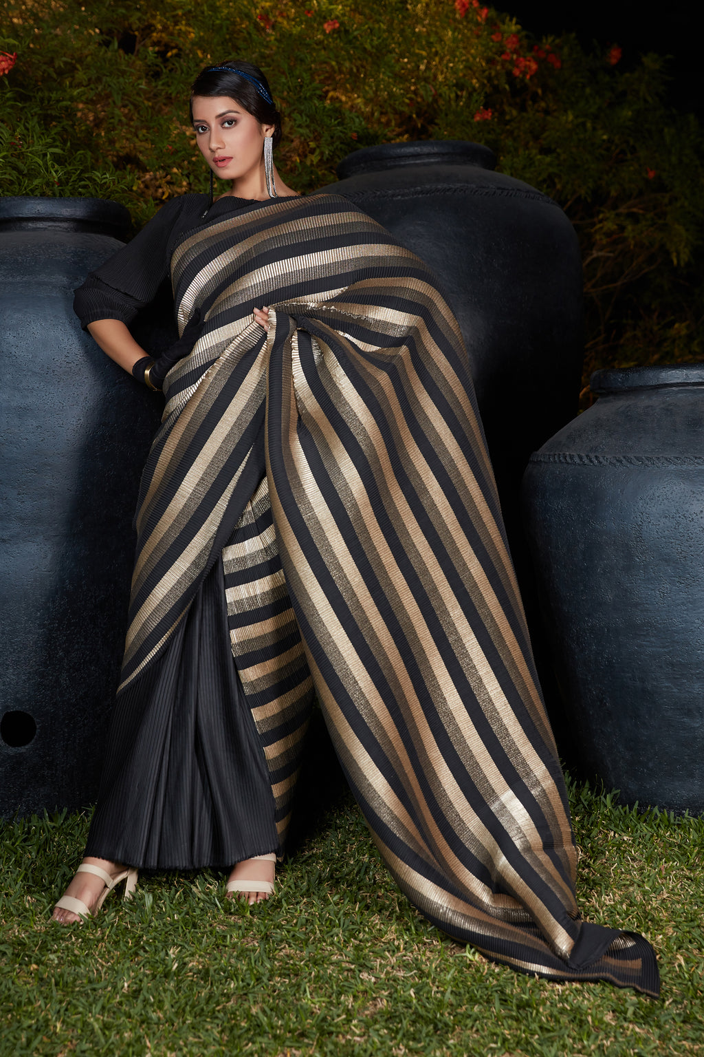 Black Silk Foil Print With Plitting Work Traditional Saree ClothsVilla