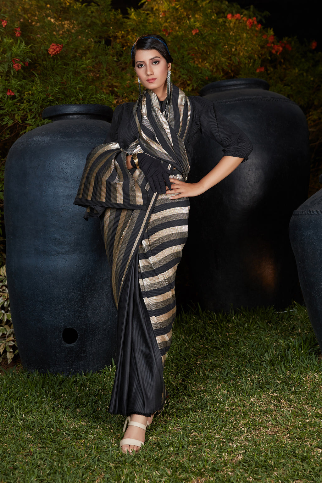Black Silk Foil Print With Plitting Work Traditional Saree ClothsVilla