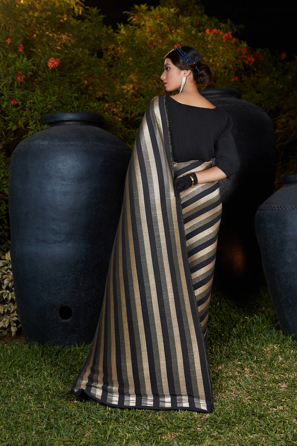 Black Silk Foil Print With Plitting Work Traditional Saree ClothsVilla