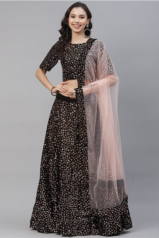 Black Velvet Sequins Embroidered Lehenga Choli with Dupatta ClothsVilla.com