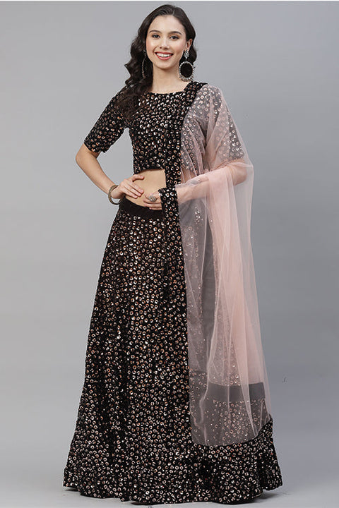 Black Velvet Sequins Embroidered Lehenga Choli with Dupatta ClothsVilla.com Main image