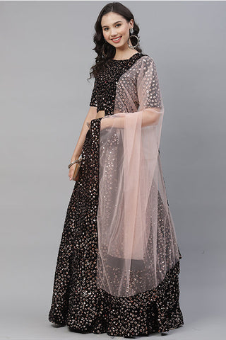 Black Velvet Sequins Embroidered Lehenga Choli with Dupatta ClothsVilla.com
