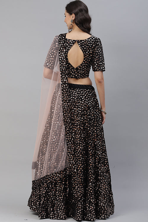 Black Velvet Sequins Embroidered Lehenga Choli with Dupatta ClothsVilla.com