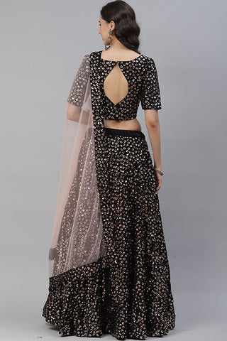 Black Velvet Sequins Embroidered Lehenga Choli with Dupatta ClothsVilla.com