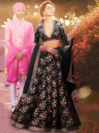 Hypnotic Black Colored Wedding Wear Embroidered Satin Lehenga Choli ClothsVilla