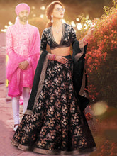 Load image into Gallery viewer, Hypnotic Black Colored Wedding Wear Embroidered Satin Lehenga Choli ClothsVilla