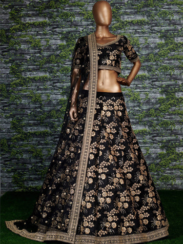 Hypnotic Black Colored Wedding Wear Embroidered Satin Lehenga Choli ClothsVilla
