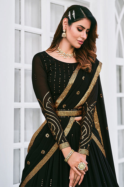 Semi-Stitched Gold Embroidered Black Raw Silk Flared Lehenga at Rs 3500 in  Surat