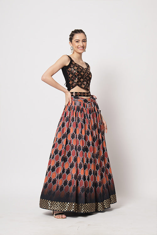 Black Georgette Print With Sequins Embroidered Work Lehenga Choli ClothsVilla.com