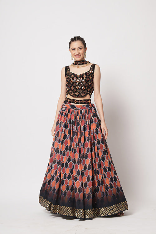 Black Georgette Print With Sequins Embroidered Work Lehenga Choli ClothsVilla.com