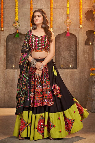 Black and Green Designer Embroidered Mirror Work Navratri Chaniya Choli ClothsVilla.com