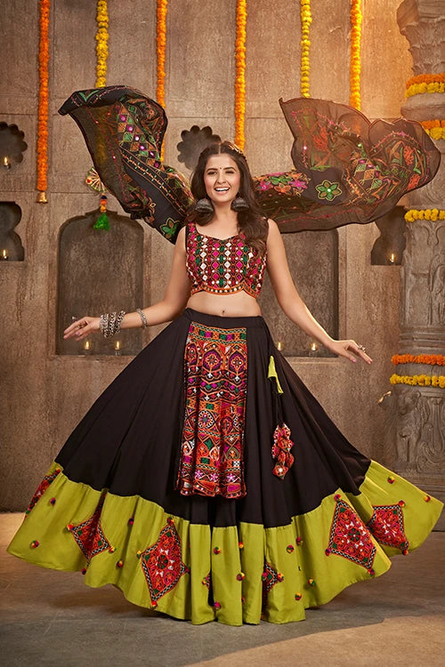 Black and Green Designer Embroidered Mirror Work Navratri Chaniya Choli ClothsVilla.com