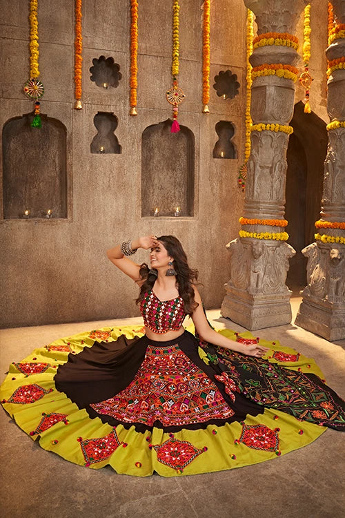 Black and Green Designer Embroidered Mirror Work Navratri Chaniya Choli ClothsVilla.com