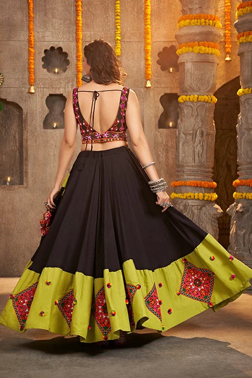 Black and Green Designer Embroidered Mirror Work Navratri Chaniya Choli ClothsVilla.com