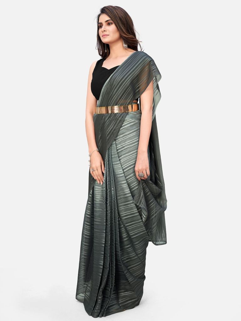 Flower Printed Ready to wear Chiffon Saree with Metal Belt 