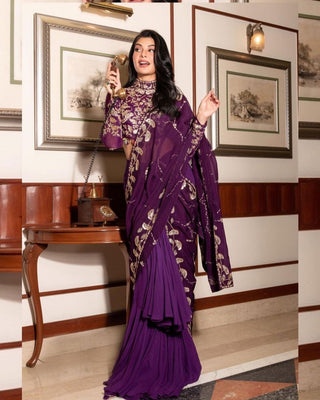 Blissful Ruffle Style Wine Color Ready To Wear Party Wear Saree Clothsvilla