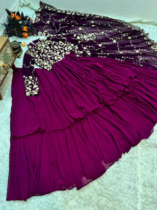 Blissful Ruffle Style Wine Color Ready To Wear Party Wear Saree Clothsvilla