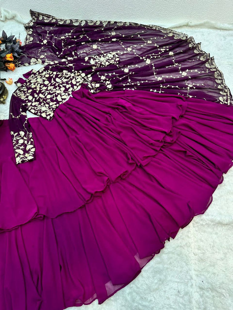 Blissful Ruffle Style Wine Color Ready To Wear Party Wear Saree Clothsvilla