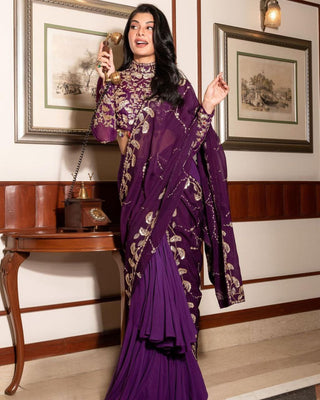 Blissful Ruffle Style Wine Color Ready To Wear Party Wear Saree Clothsvilla