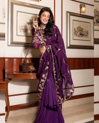 Blissful Ruffle Style Wine Color Ready To Wear Party Wear Saree Clothsvilla