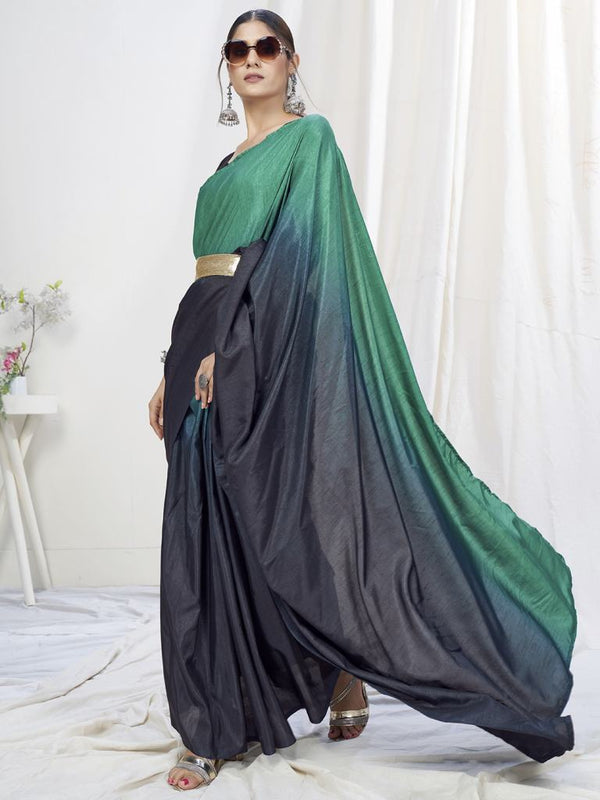 Blue-Teal Ready to Wear One Minute Lycra Saree ClothsVilla