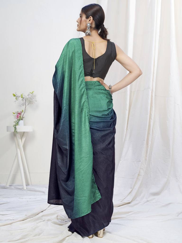 Blue-Teal Ready to Wear One Minute Lycra Saree ClothsVilla
