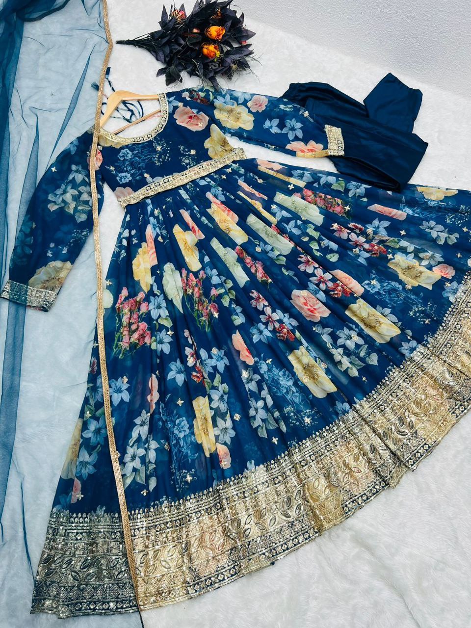 Blue Anarkali Gown with Floral Print in Faux Georgette ClothsVilla Main image