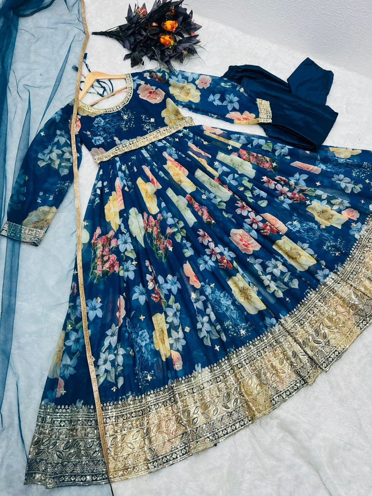 Blue Anarkali Gown with Floral Print in Faux Georgette ClothsVilla