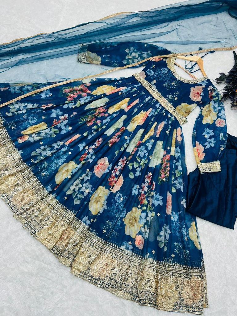Blue Anarkali Gown with Floral Print in Faux Georgette ClothsVilla