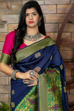 Load image into Gallery viewer, Blue Banarasi Silk Traditional Saree With Blouse Piece ClothsVilla