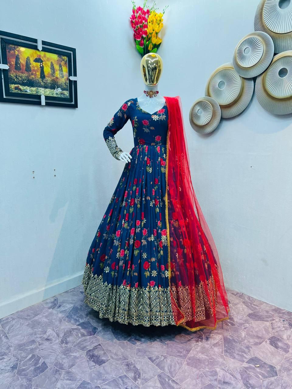 Blue Color Floral Printed Embroidery Work Designer Gown Clothsvilla