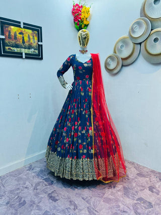 Blue Color Floral Printed Embroidery Work Designer Gown Clothsvilla