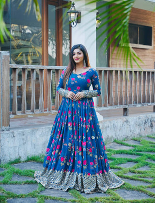 Blue Color Floral Printed Embroidery Work Designer Gown Clothsvilla