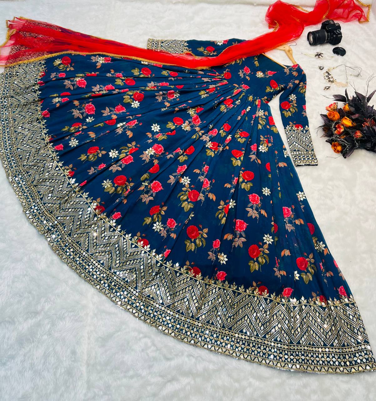Blue Color Floral Printed Embroidery Work Designer Gown Clothsvilla