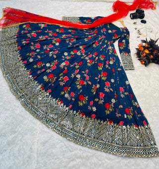 Blue Color Floral Printed Embroidery Work Designer Gown Clothsvilla