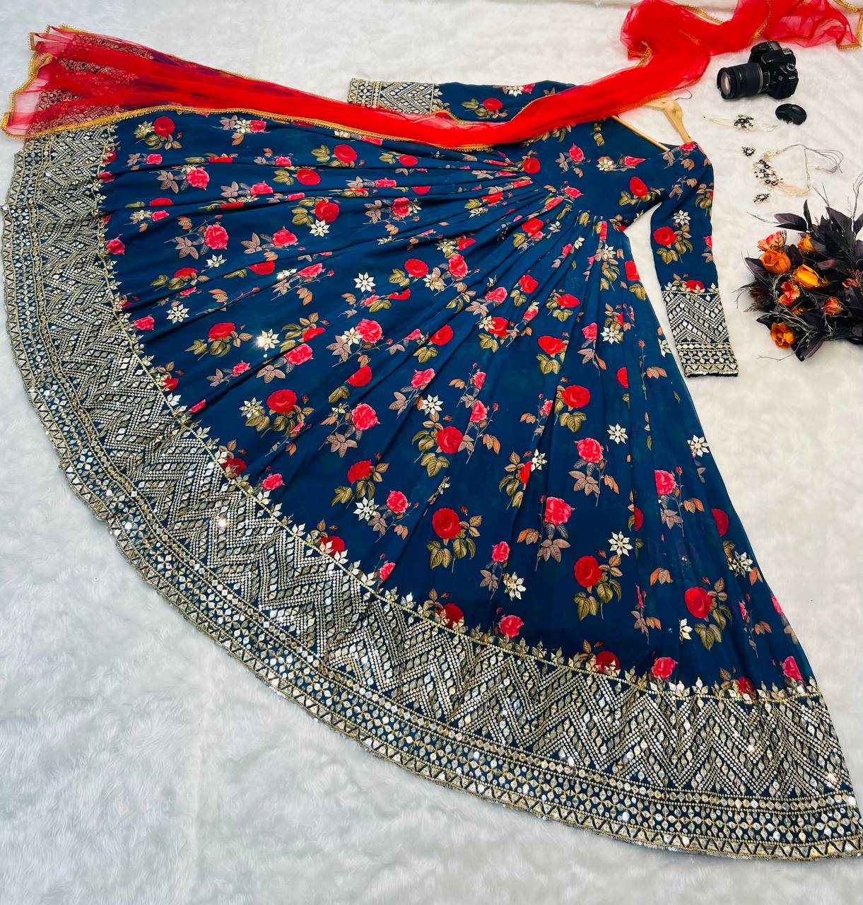 Blue Color Floral Printed Embroidery Work Designer Gown Clothsvilla