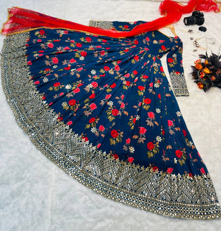 Blue Color Floral Printed Embroidery Work Designer Gown Clothsvilla