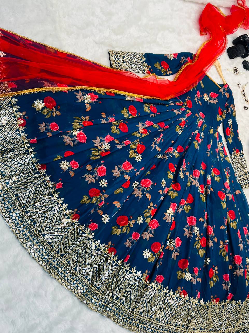 Blue Color Floral Printed Embroidery Work Designer Gown Clothsvilla