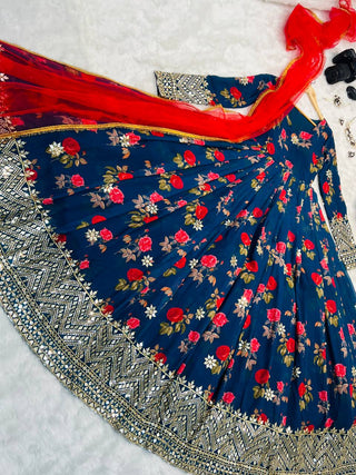 Blue Color Floral Printed Embroidery Work Designer Gown Clothsvilla