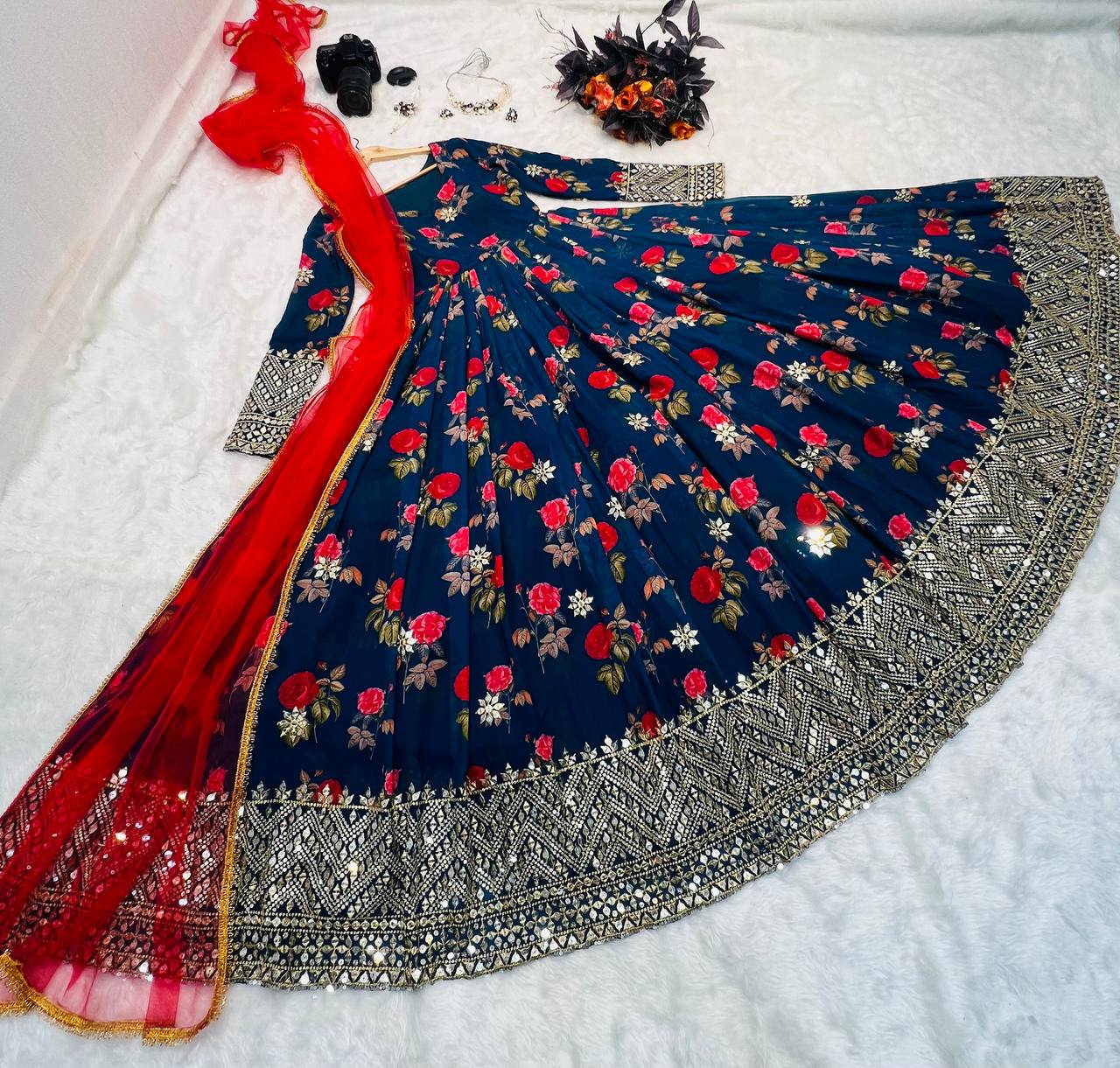 Blue Color Floral Printed Embroidery Work Designer Gown Clothsvilla