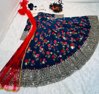 Blue Color Floral Printed Embroidery Work Designer Gown Clothsvilla