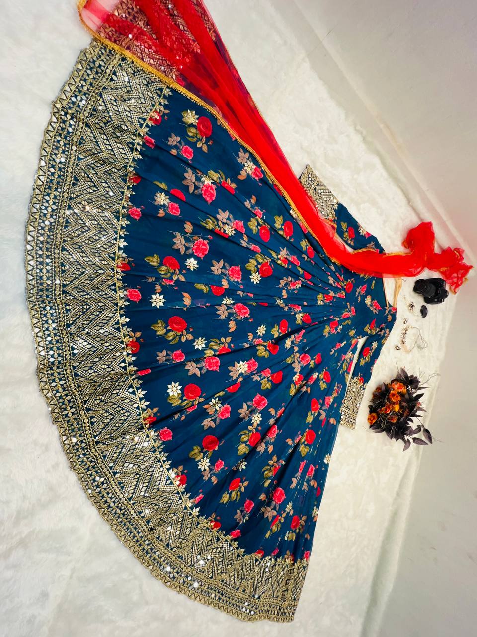 Blue Color Floral Printed Embroidery Work Designer Gown Clothsvilla