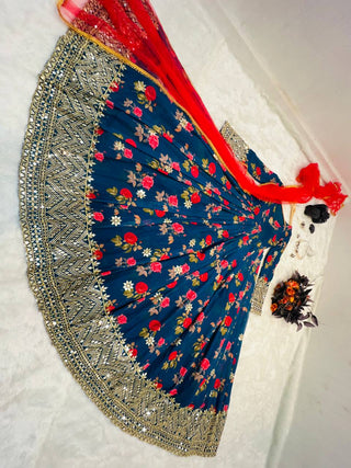 Blue Color Floral Printed Embroidery Work Designer Gown Clothsvilla