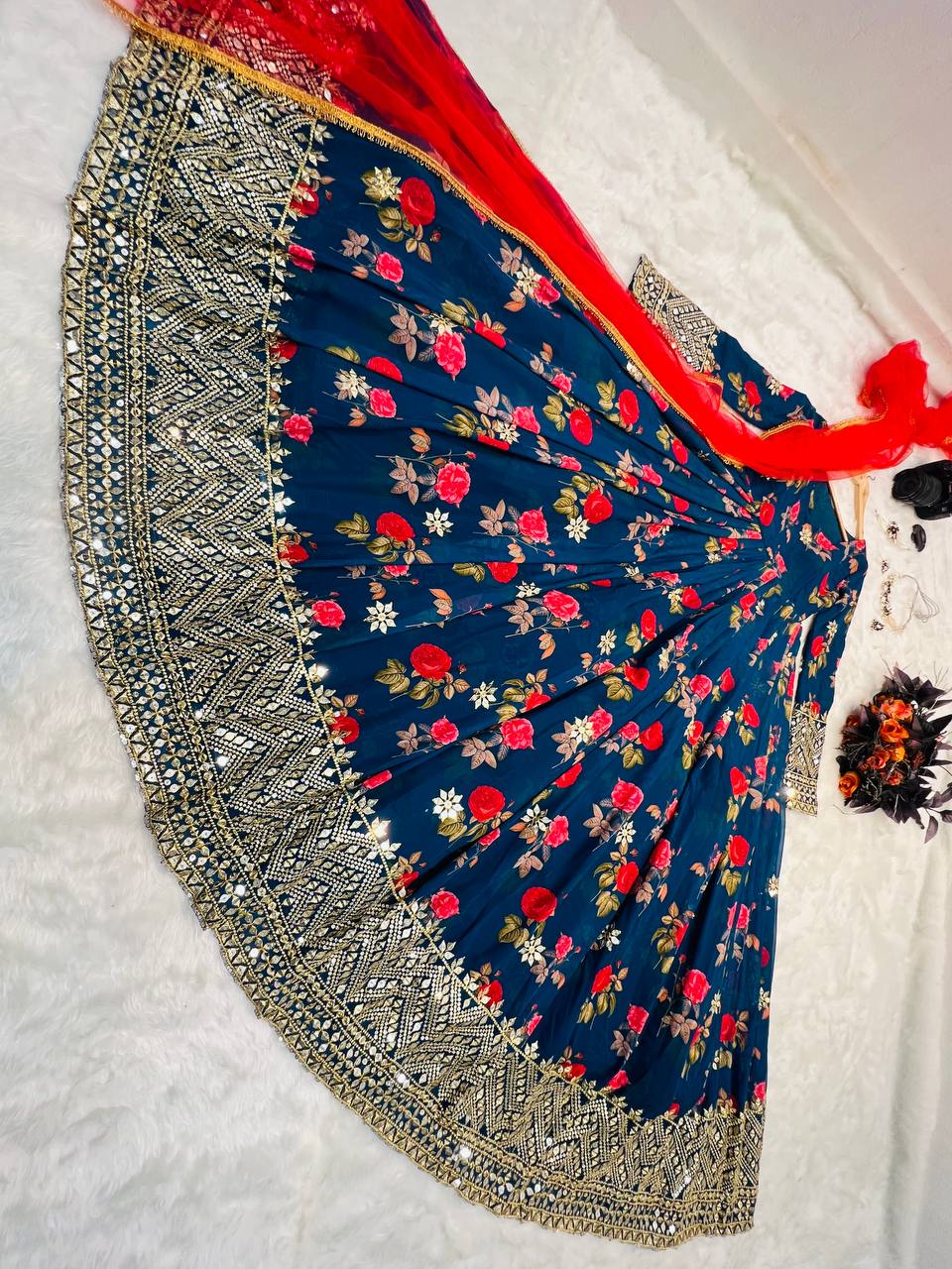 Blue Color Floral Printed Embroidery Work Designer Gown Clothsvilla